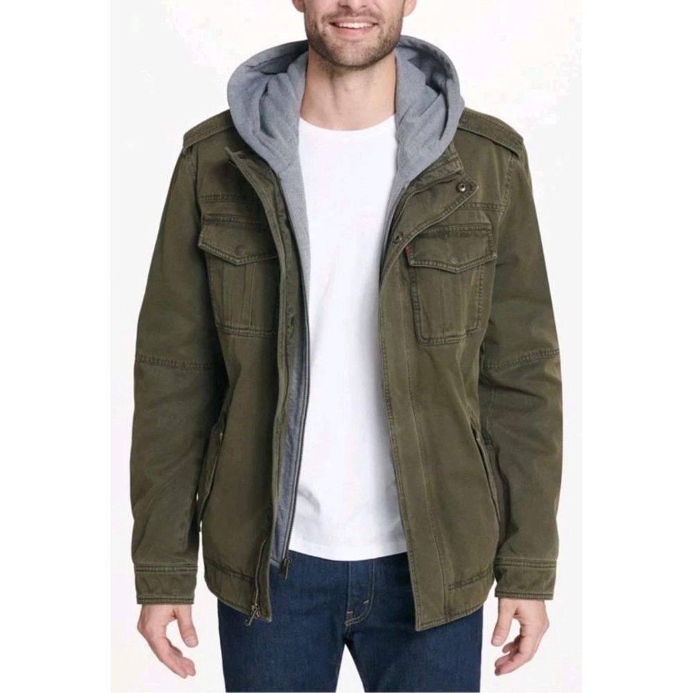 Levis Mens Field Jacket Olive Green Faux Fur Lined Removable Hood Size L